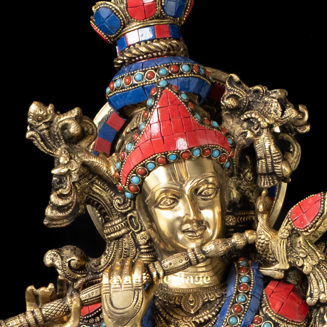 Brass Murlidhar Playing Flute – Stone Work Artistic Décor | Gayatri Heritage