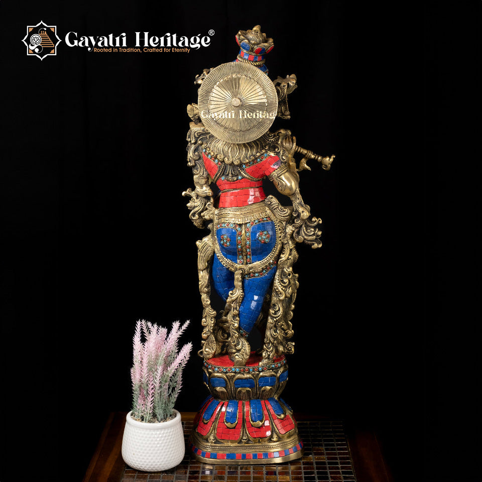 Brass Murlidhar Playing Flute – Stone Work Artistic Décor | Gayatri Heritage