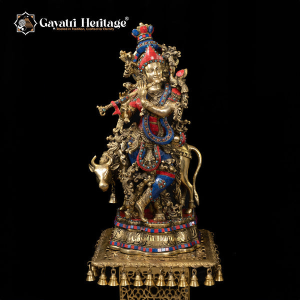 Krishna Muralidhara Playing His Flute Brass Cow Krishna with Vibrant Stone Finish – Divine Melody and Artistic Craftsmanship | Gayatri Heritage