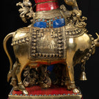 Krishna Muralidhara Playing His Flute Brass Cow Krishna with Vibrant Stone Finish – Divine Melody and Artistic Craftsmanship | Gayatri Heritage