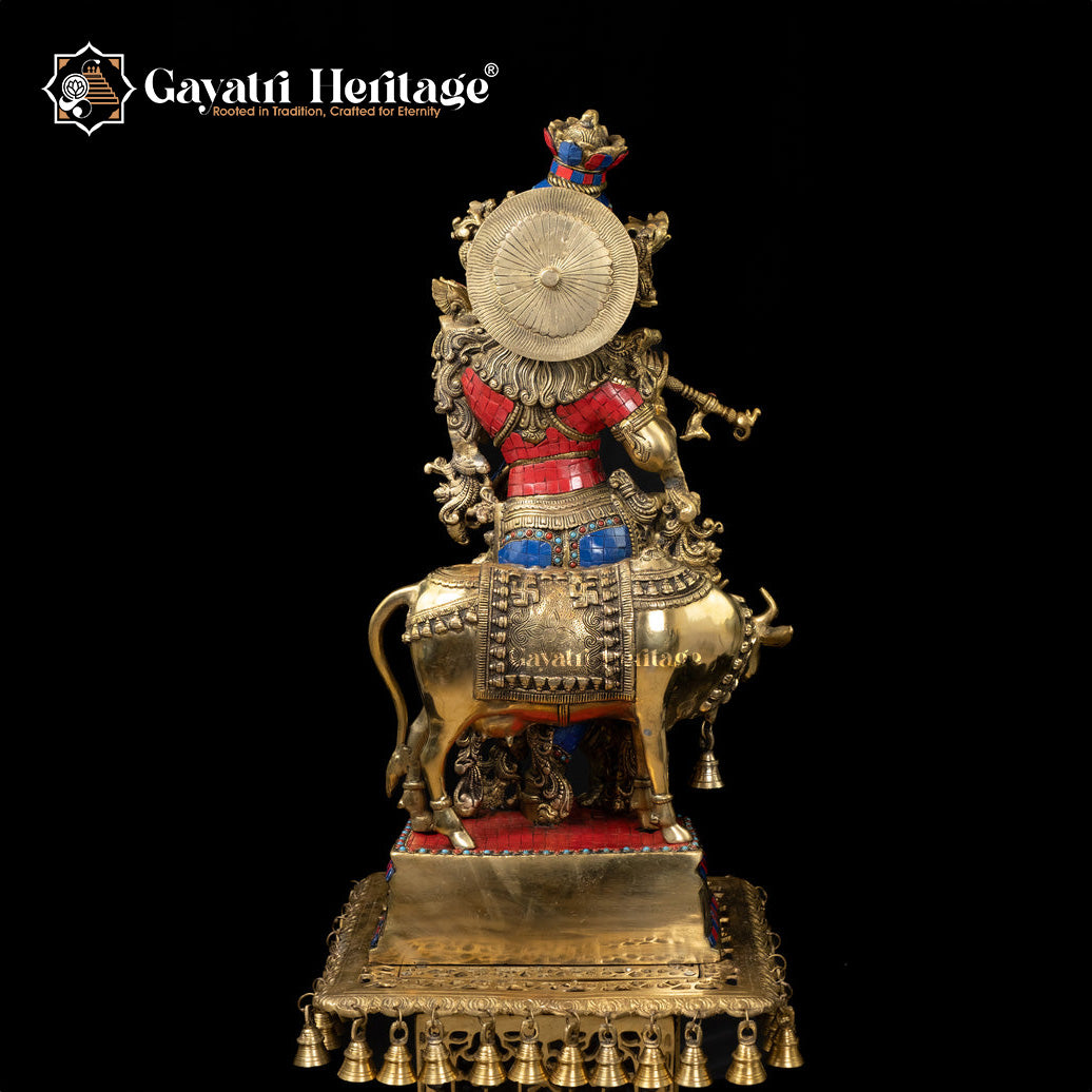 Krishna Muralidhara Playing His Flute Brass Cow Krishna with Vibrant Stone Finish – Divine Melody and Artistic Craftsmanship | Gayatri Heritage