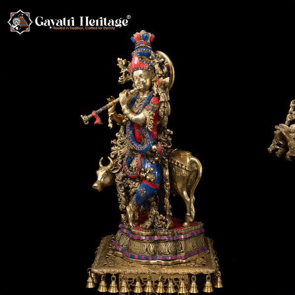 Krishna Muralidhara Playing His Flute Brass Cow Krishna with Vibrant Stone Finish – Divine Melody and Artistic Craftsmanship | Gayatri Heritage