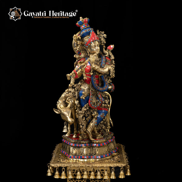 Krishna Muralidhara Playing His Flute Brass Cow Krishna with Vibrant Stone Finish – Divine Melody and Artistic Craftsmanship | Gayatri Heritage