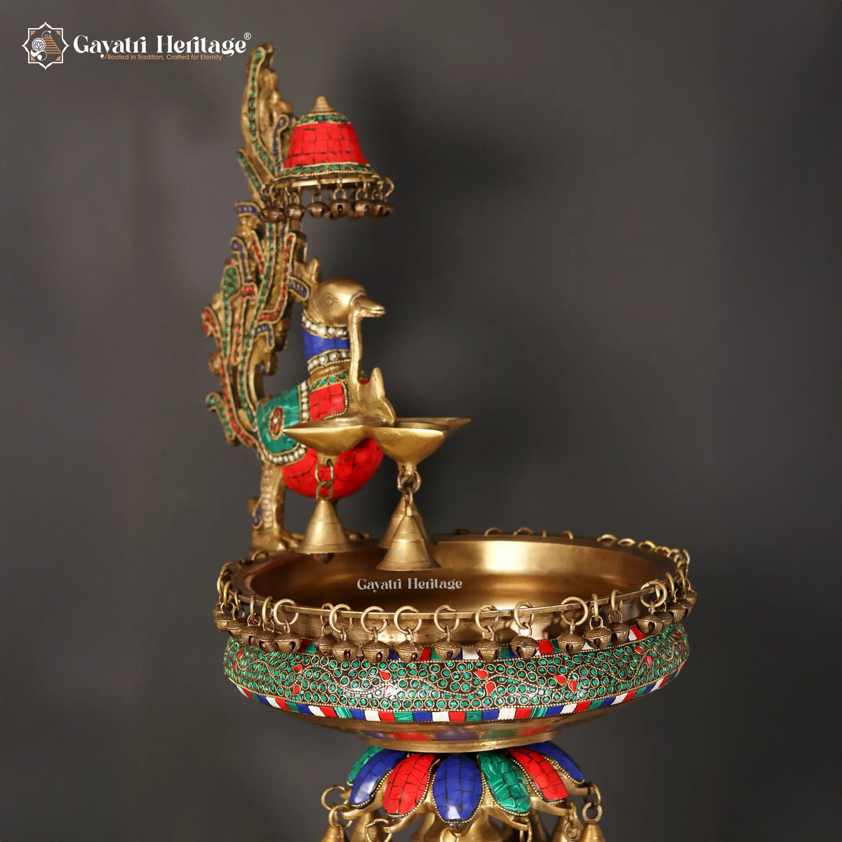 Brass Urli Stand with Parrot – Exquisite Stone Work | Gayatri Heritage