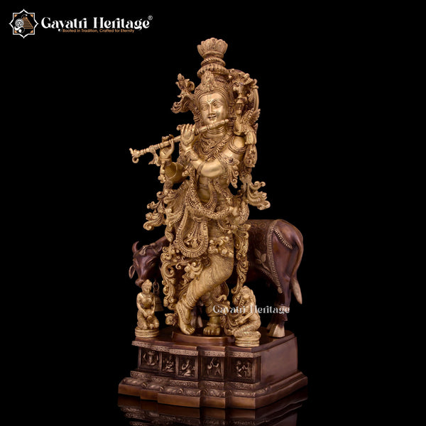 Brass Krishna Murlidhar with Cow Statue – Divine Melody and Sacred Bond | Gayatri Heritage