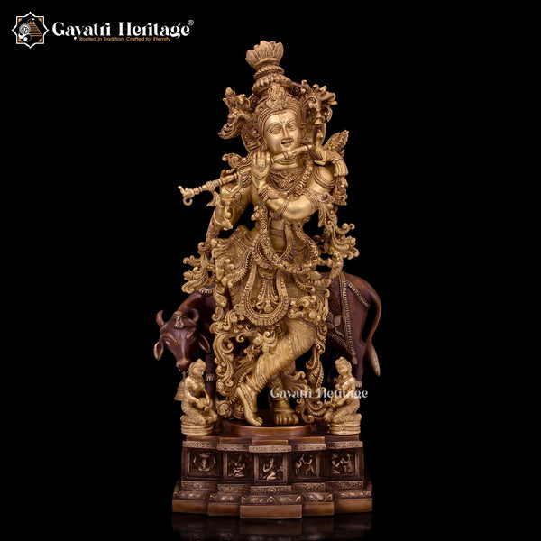 Brass Krishna Murlidhar with Cow Statue – Divine Melody and Sacred Bond | Gayatri Heritage