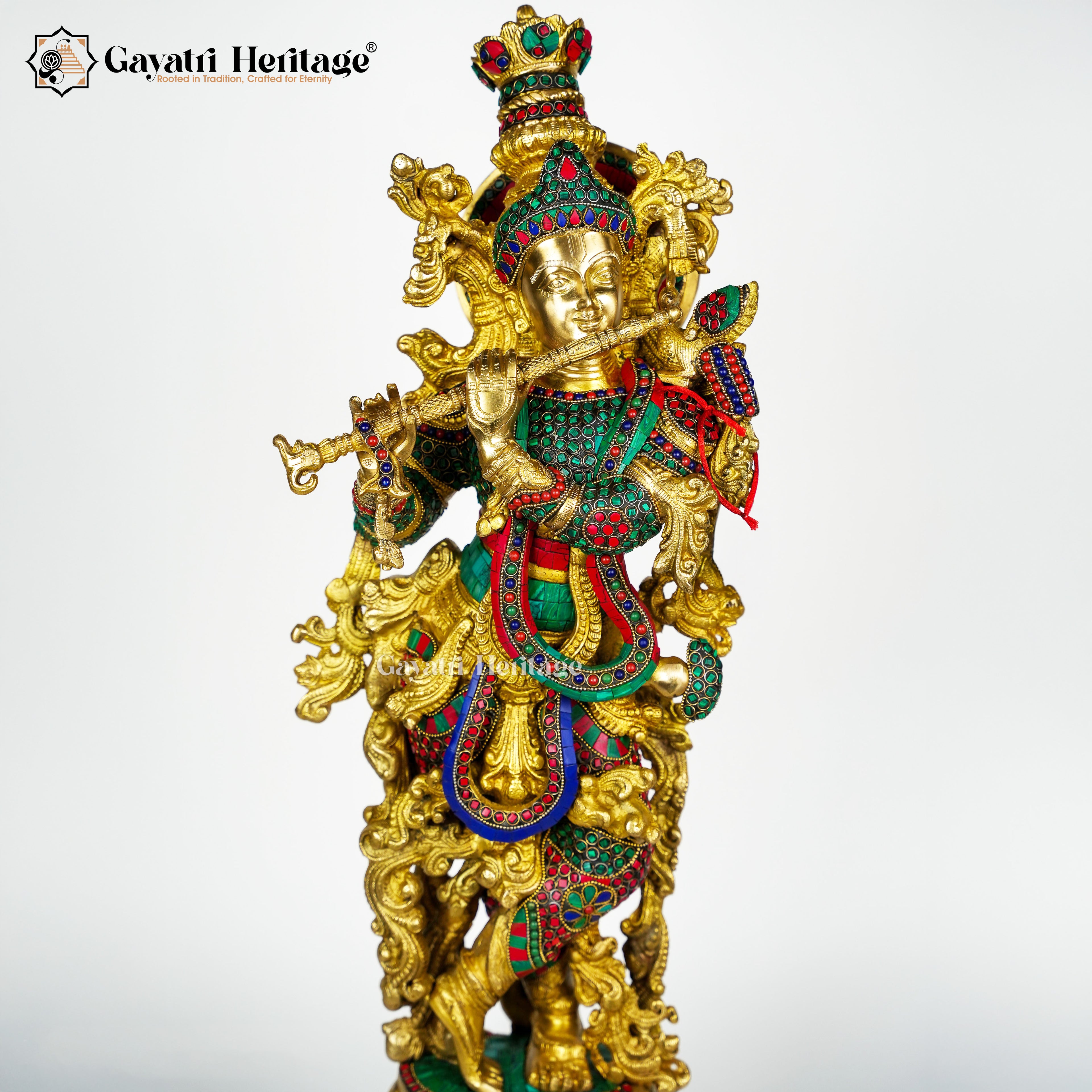 Brass Krishna Sculpture in Stone Work – Divine Artistry | Gayatri Heritage