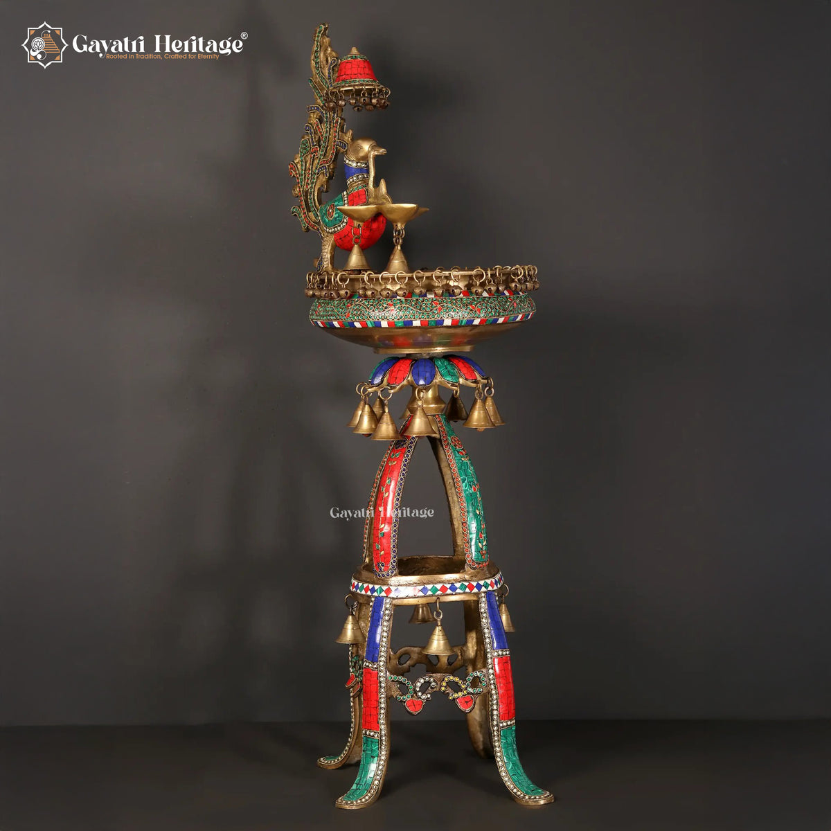 Brass Urli Stand with Parrot – Exquisite Stone Work | Gayatri Heritage