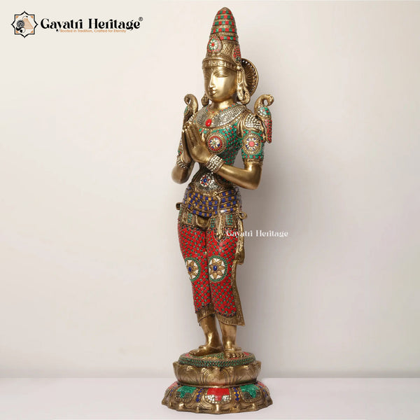 Brass Welcome Lady Statue with Stone Work – Divine Greeting Décor | Gayatri Heritage