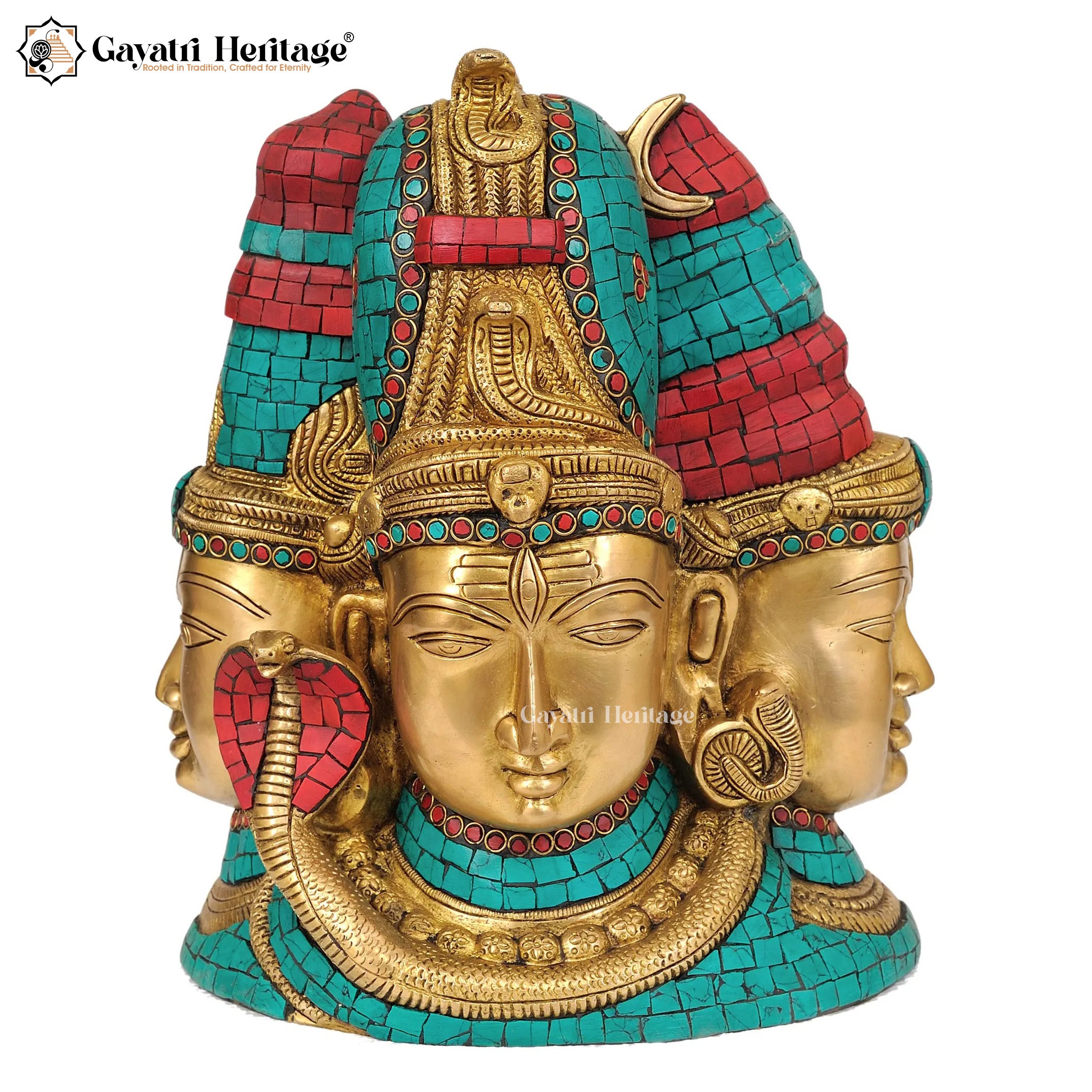 Brass Trimurti Head with Stone Work – Divine Trinity Decor