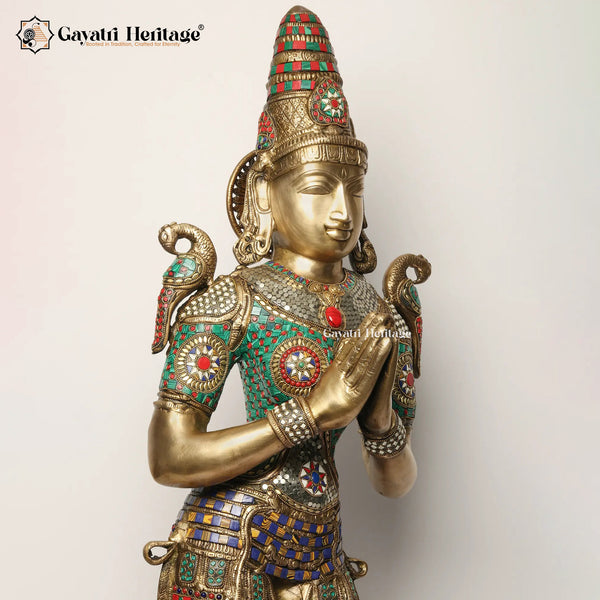 Brass Welcome Lady Statue with Stone Work – Divine Greeting Décor | Gayatri Heritage