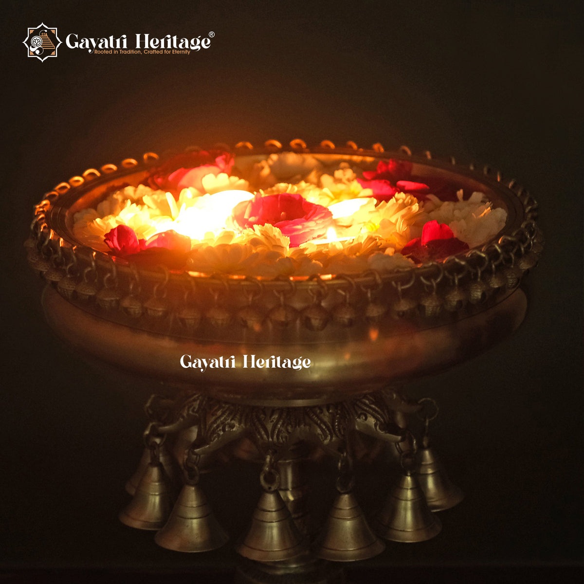 Brass Urli with Stand and Bell – Elegant Water Feature | Gayatri Heritage