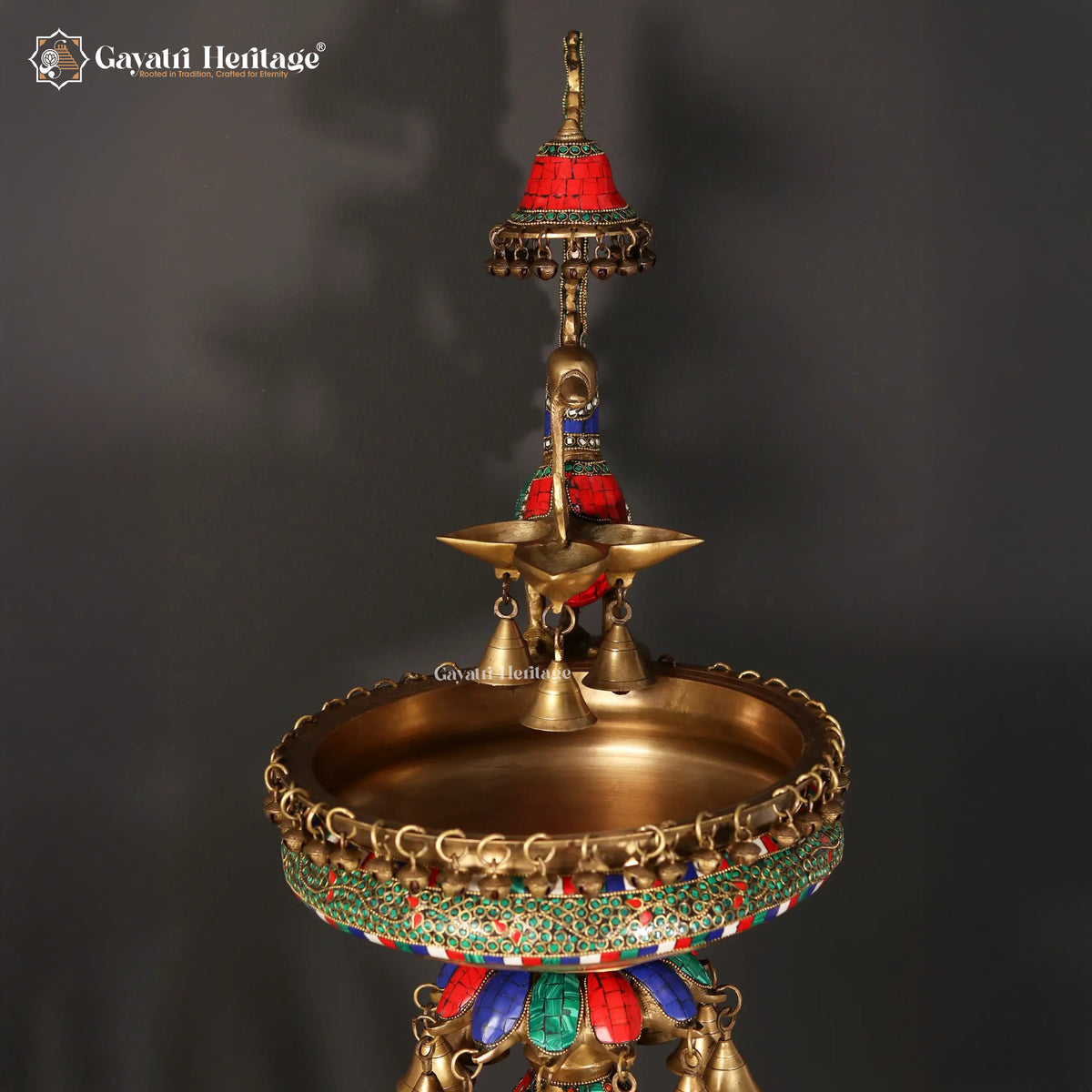Brass Urli Stand with Parrot – Exquisite Stone Work | Gayatri Heritage