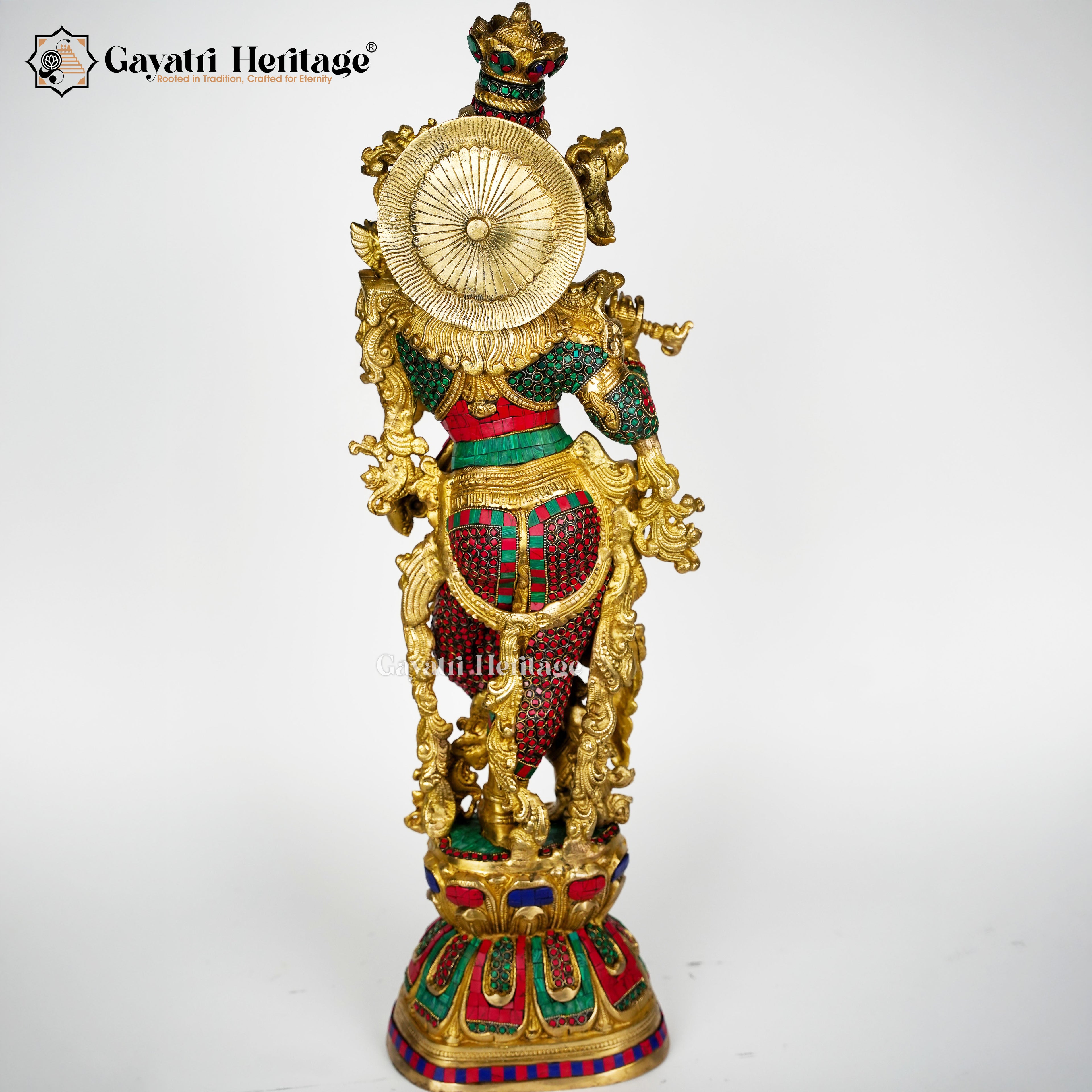 Brass Krishna Sculpture in Stone Work – Divine Artistry | Gayatri Heritage