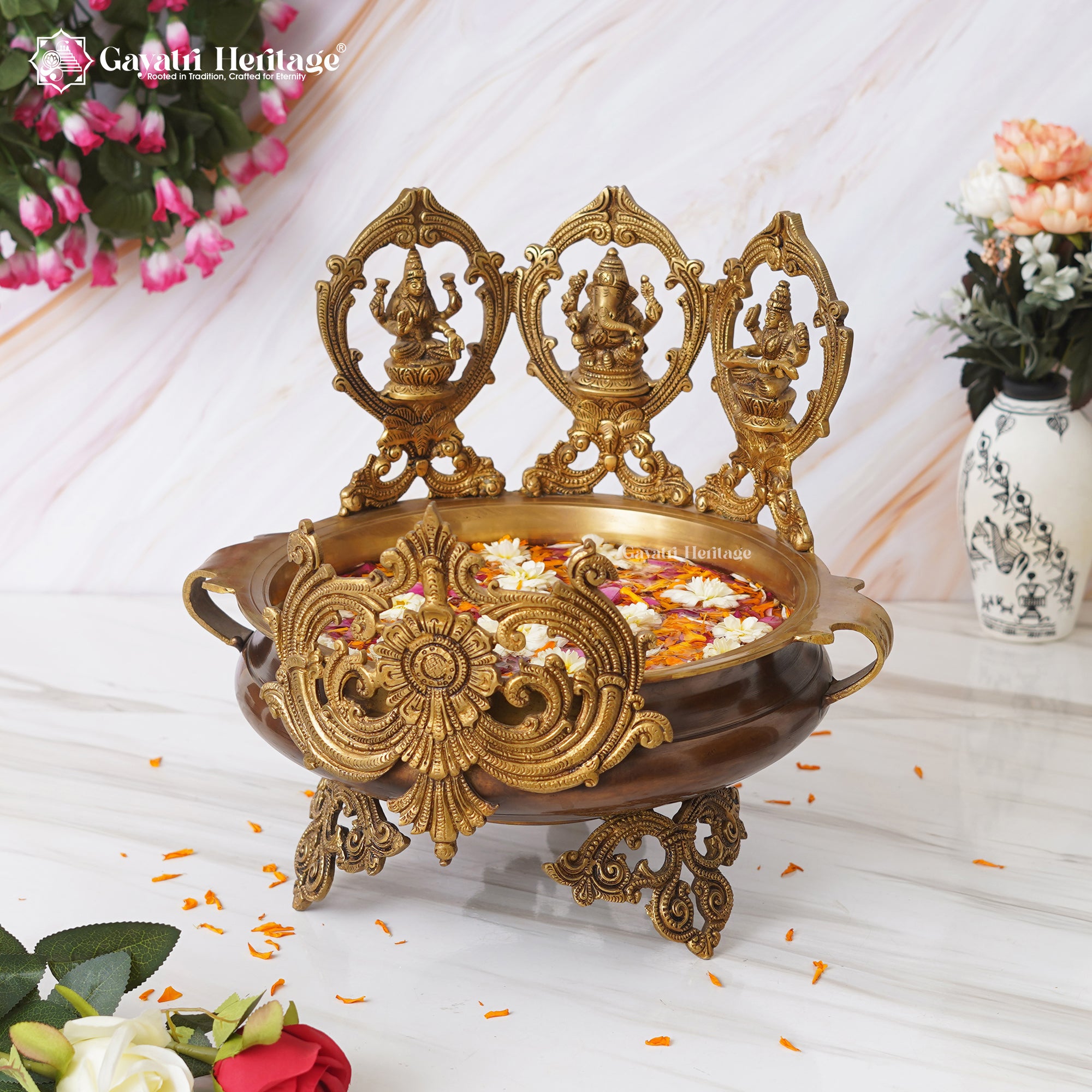 Brass Ganesh Laxmi Saraswati Urli – Decorative Bowl | Gayatri Heritage