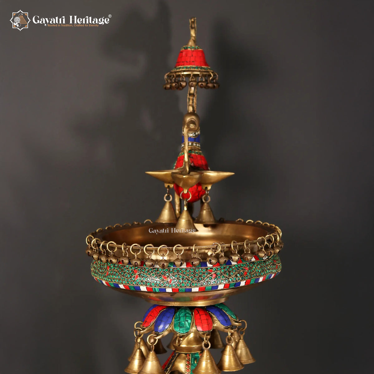 Brass Urli Stand with Parrot – Exquisite Stone Work | Gayatri Heritage