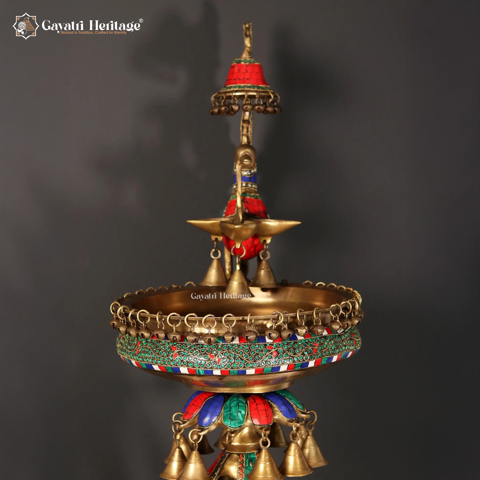 Brass Urli Stand with Parrot – Exquisite Stone Work | Gayatri Heritage