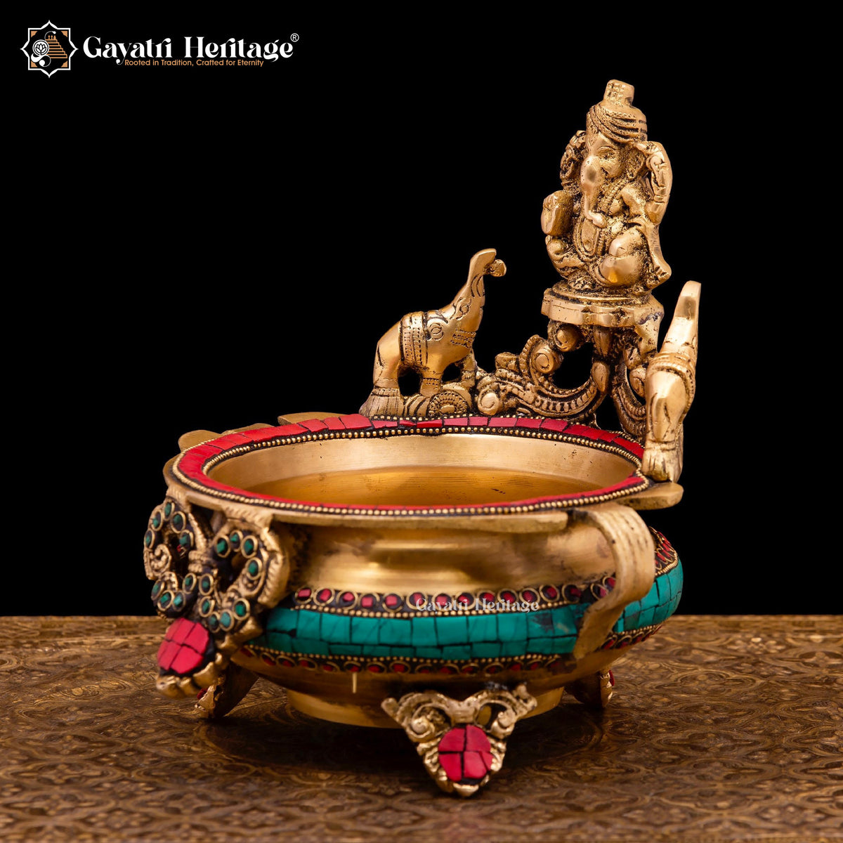 Brass Ganesha Urli with Stone Work – Sacred Tradition & Elegance | Gayatri Heritage