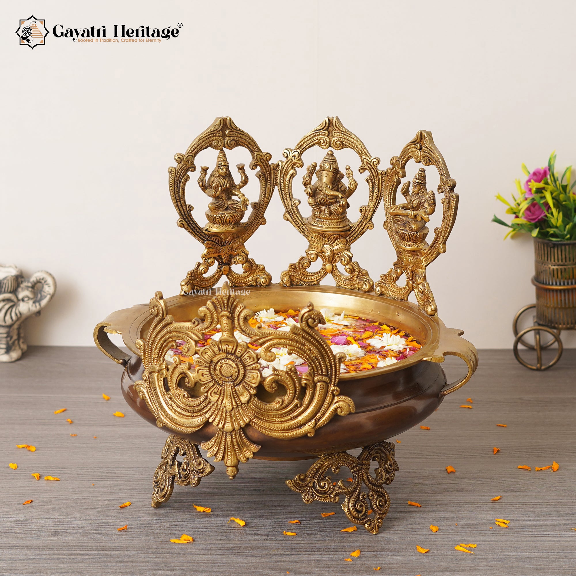 Brass Ganesh Laxmi Saraswati Urli – Decorative Bowl | Gayatri Heritage