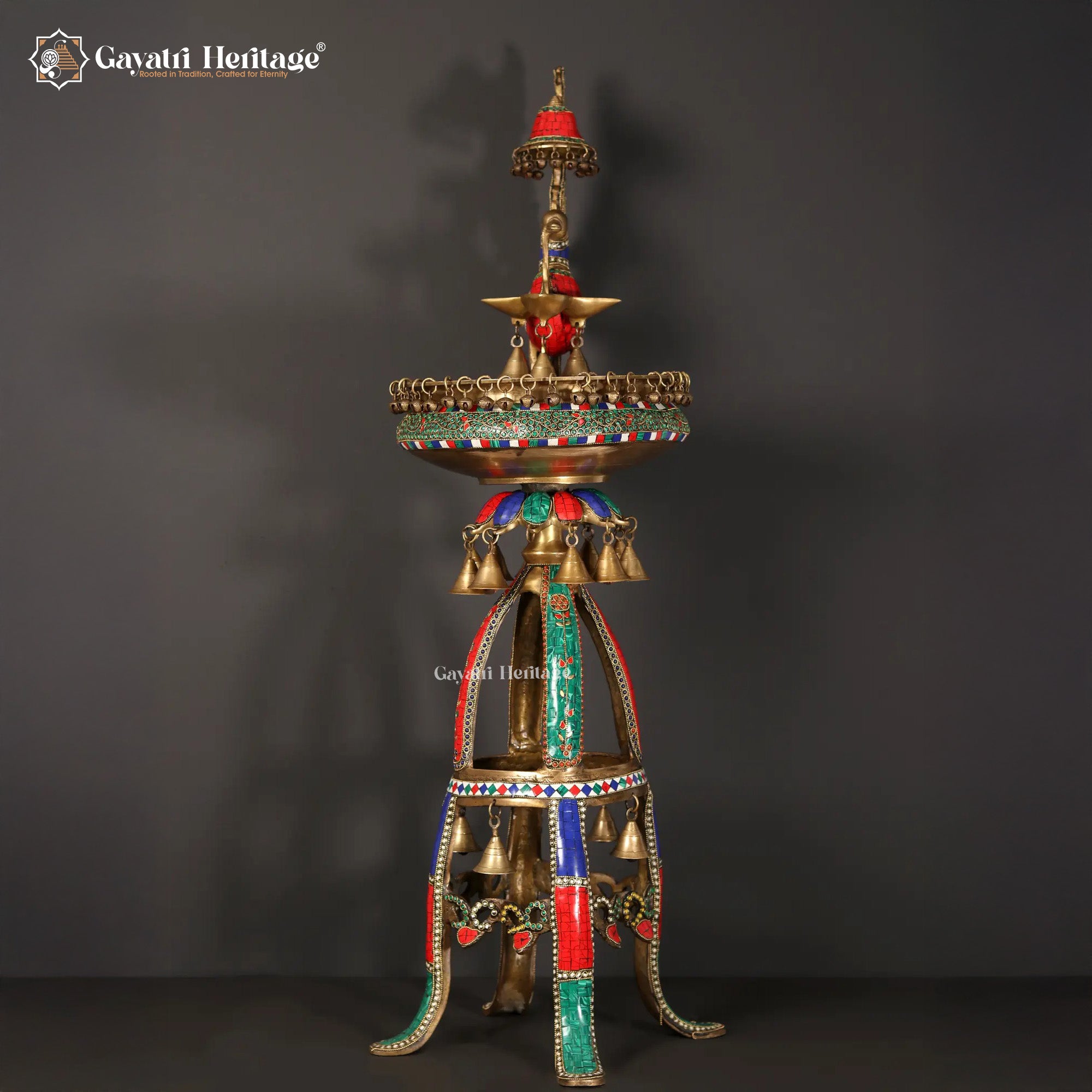 Brass Urli Stand with Parrot – Exquisite Stone Work | Gayatri Heritage