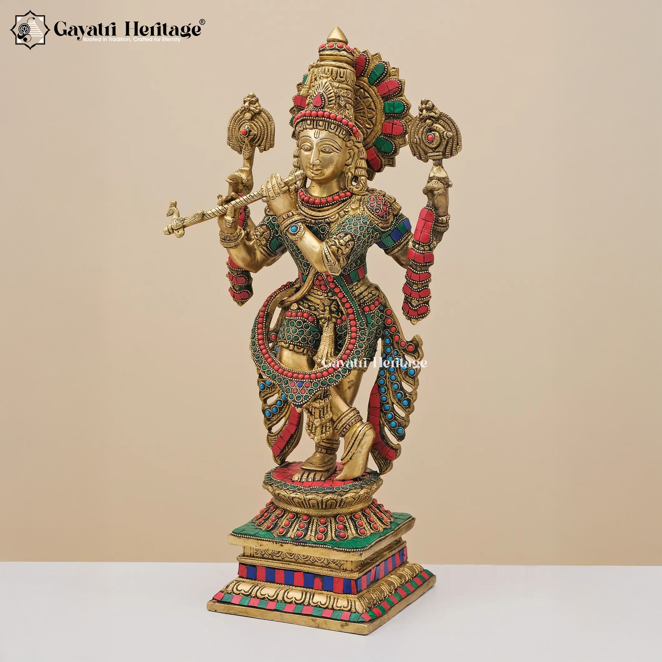 Brass Krishna with Stone Work – Divine Beauty in Intricate Craftsmanship