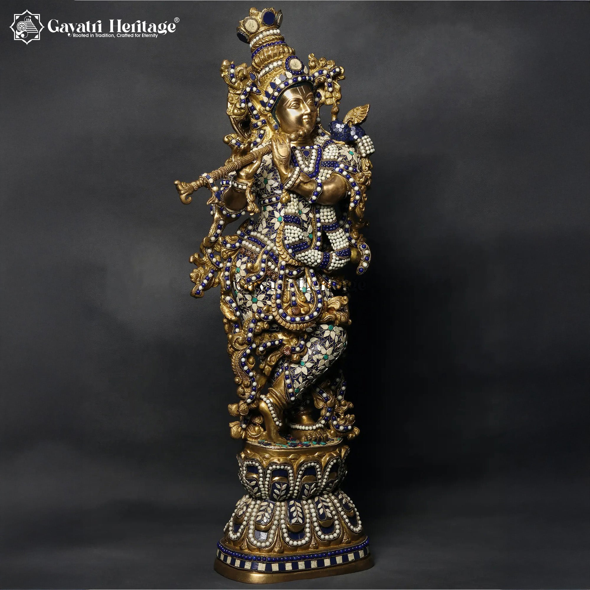 29" Krishna Brass Statue – Flute Playing Idol Inlay Work | Gayatri Heritage