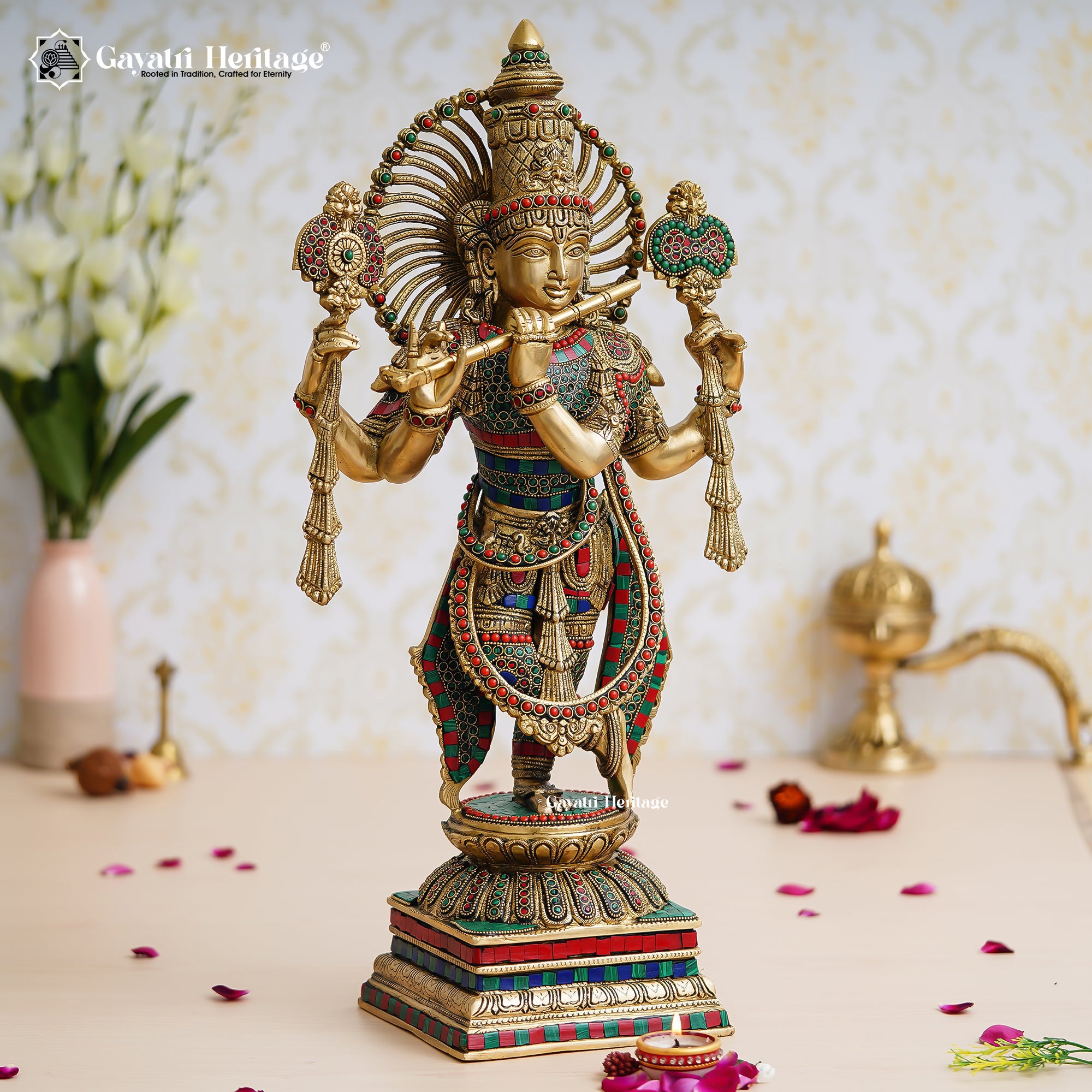 Brass Krishna Sculpture – Intricate Stonework Art | Gayatri Heritage