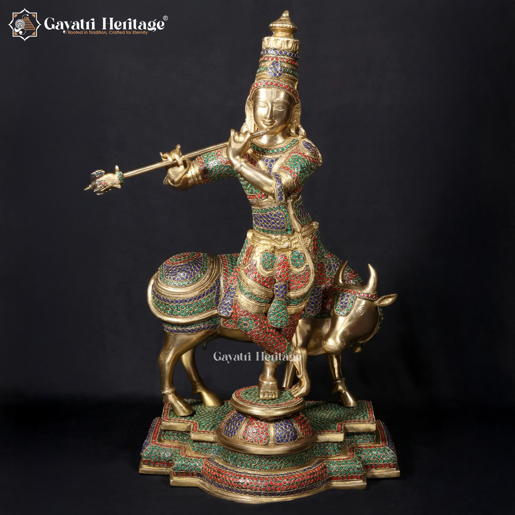 Brass Krishna Statue – Exquisite Stone Work Art