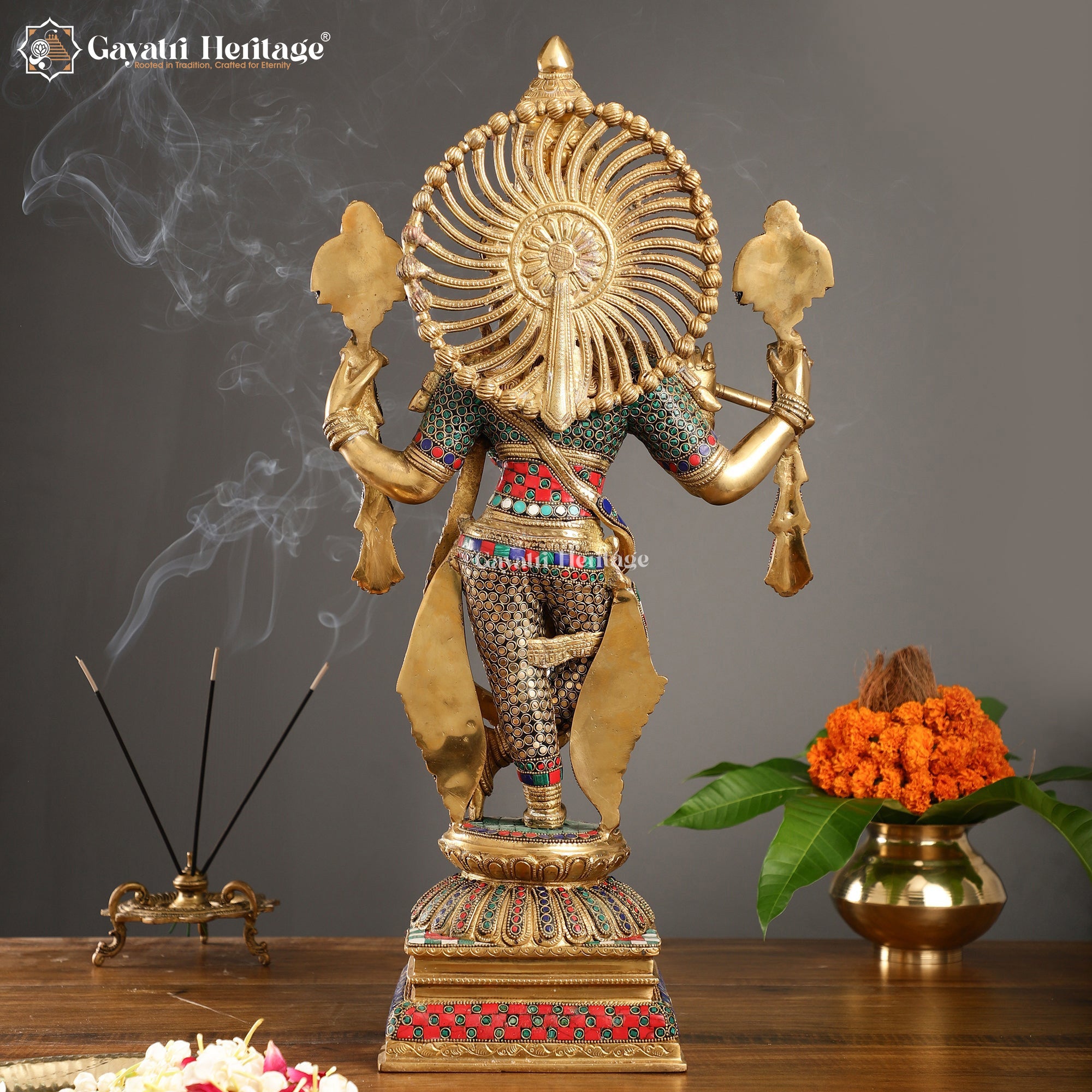 Brass Krishna Playing Flute – Stone Work Art Idol | Gayatri Heritage