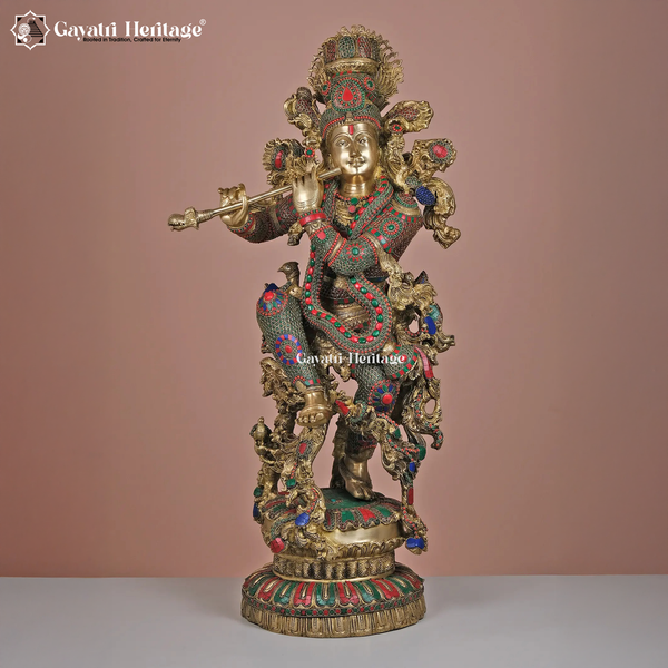 Brass Krishna Statue in Premium Stone Work – Divine Craftsmanship
