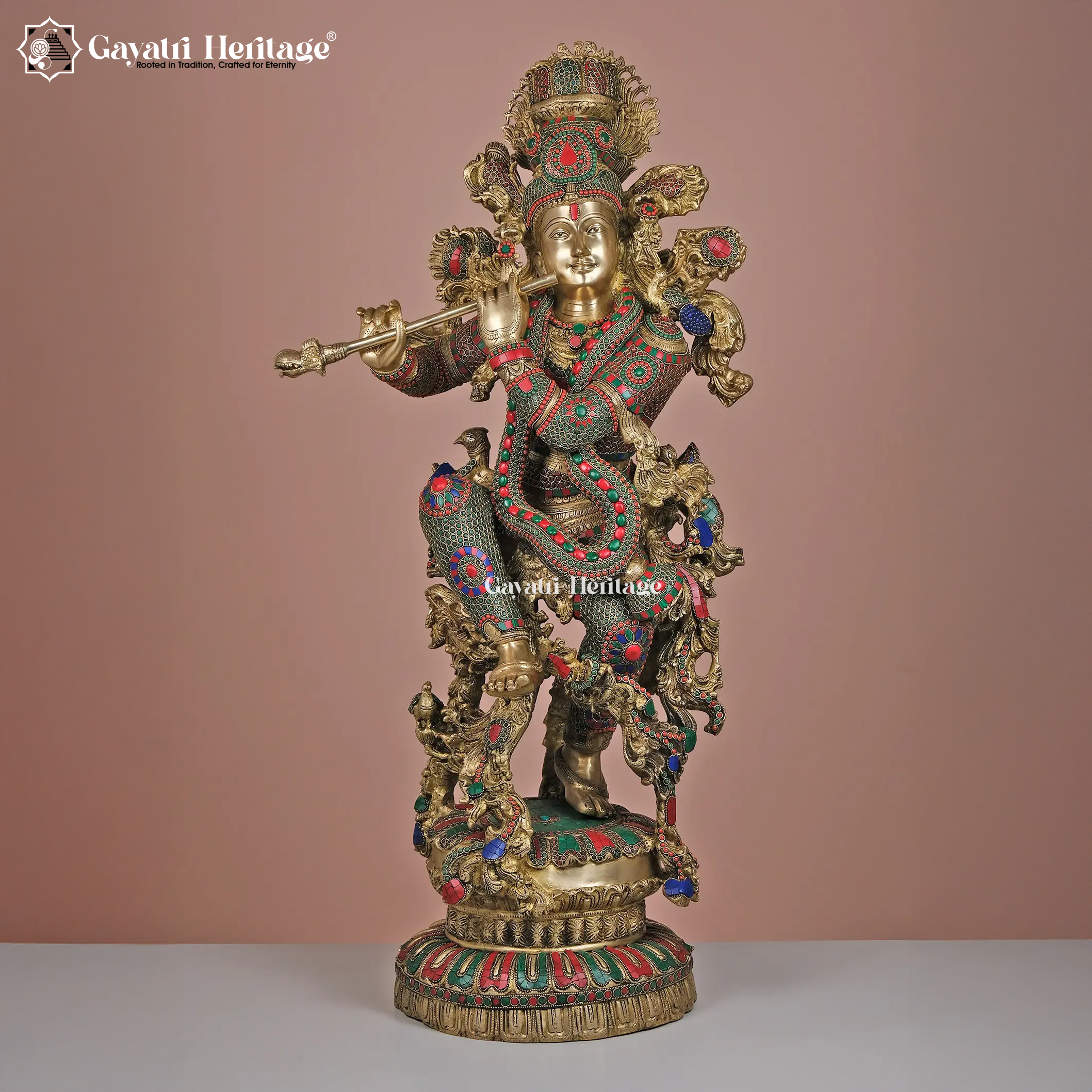 Brass Krishna Statue in Premium Stone Work – Divine Craftsmanship