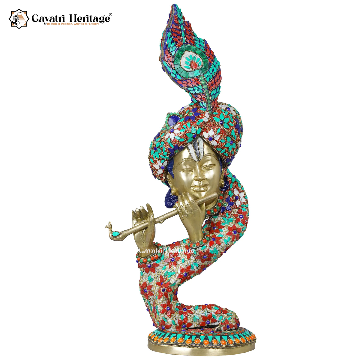 Brass Krishna Flute Idol – Stone Work Bal Gopal Statue | Gayatri Heritage