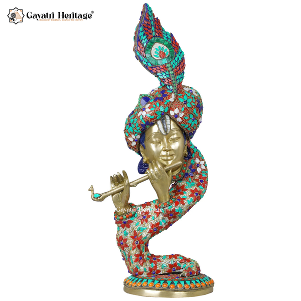 Brass Krishna Flute Idol – Stone Work Bal Gopal Statue | Gayatri Heritage