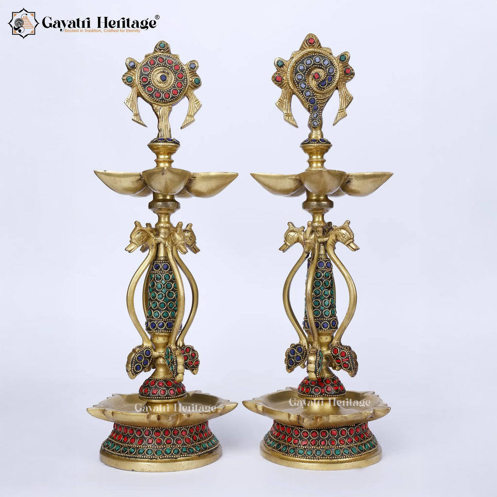 Brass Shankh Chakra Lamp Pair – Auspicious Diya Set | Gayatri Heritage