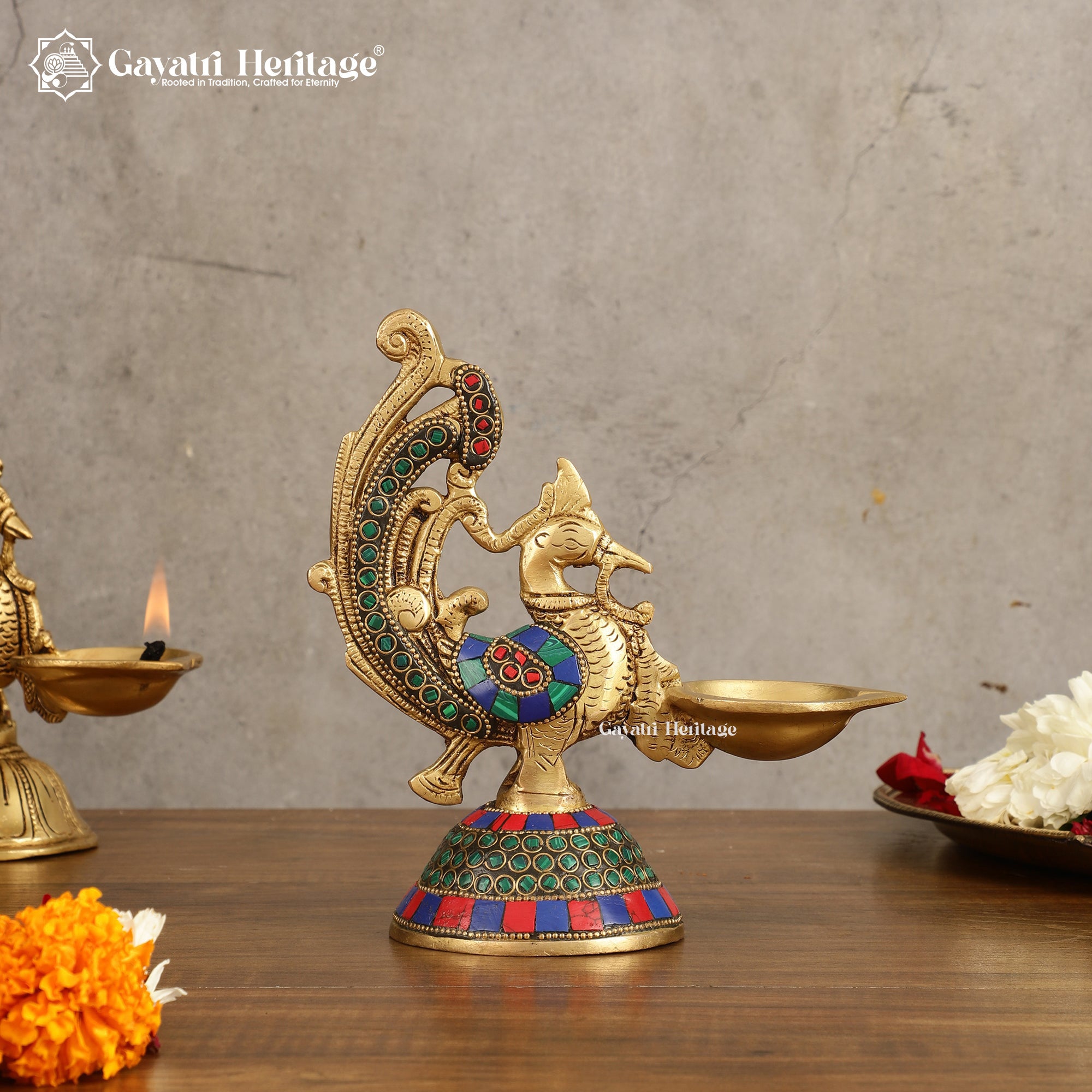 Brass Peacock Diya in Stone Work – Elegant Lighting Decor | Gayatri Heritage