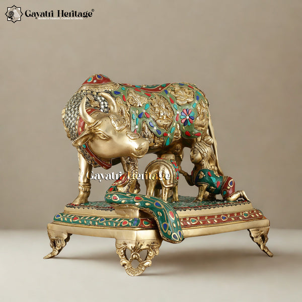 Brass Cow and Calf in Stone Work – Exquisite Religious Décor | Gayatri Heritage