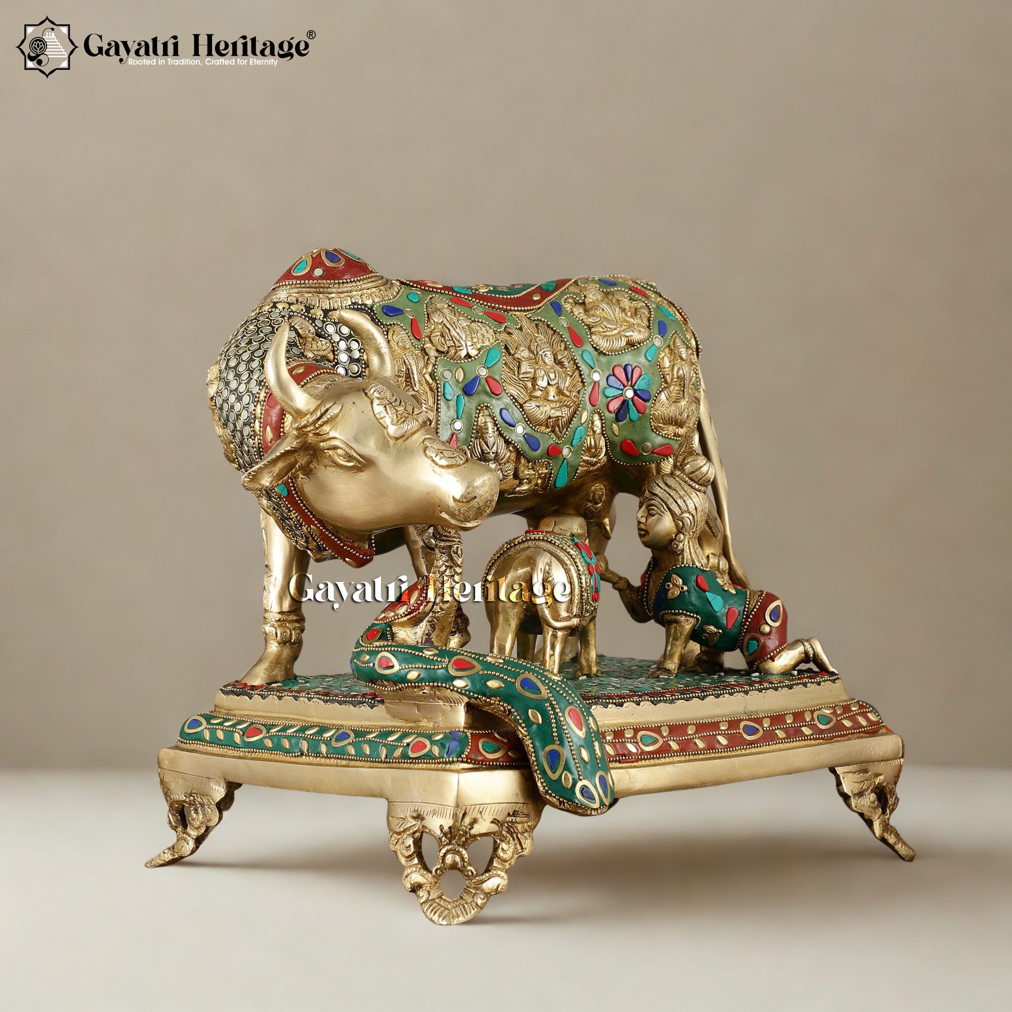 Brass Cow and Calf in Stone Work – Exquisite Religious Décor | Gayatri Heritage