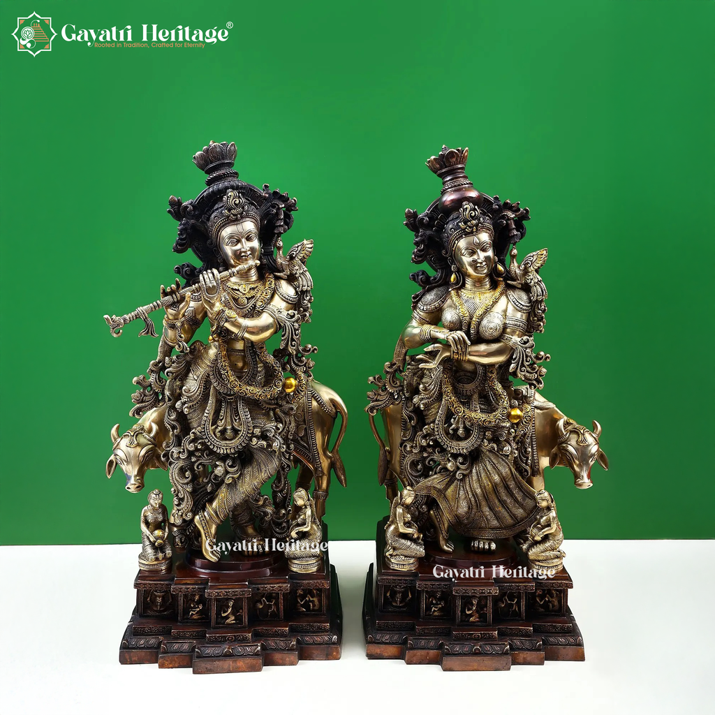 Brass Radha Krishna Pair with Cow – Divine Love & Peace Idol