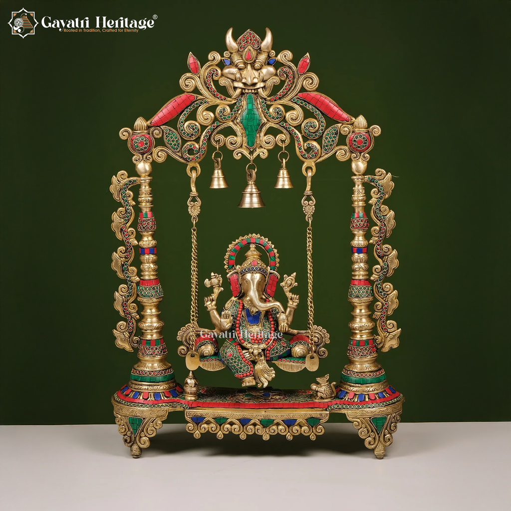Brass Ganesh Jhula Statue – Intricate Stone Work Art