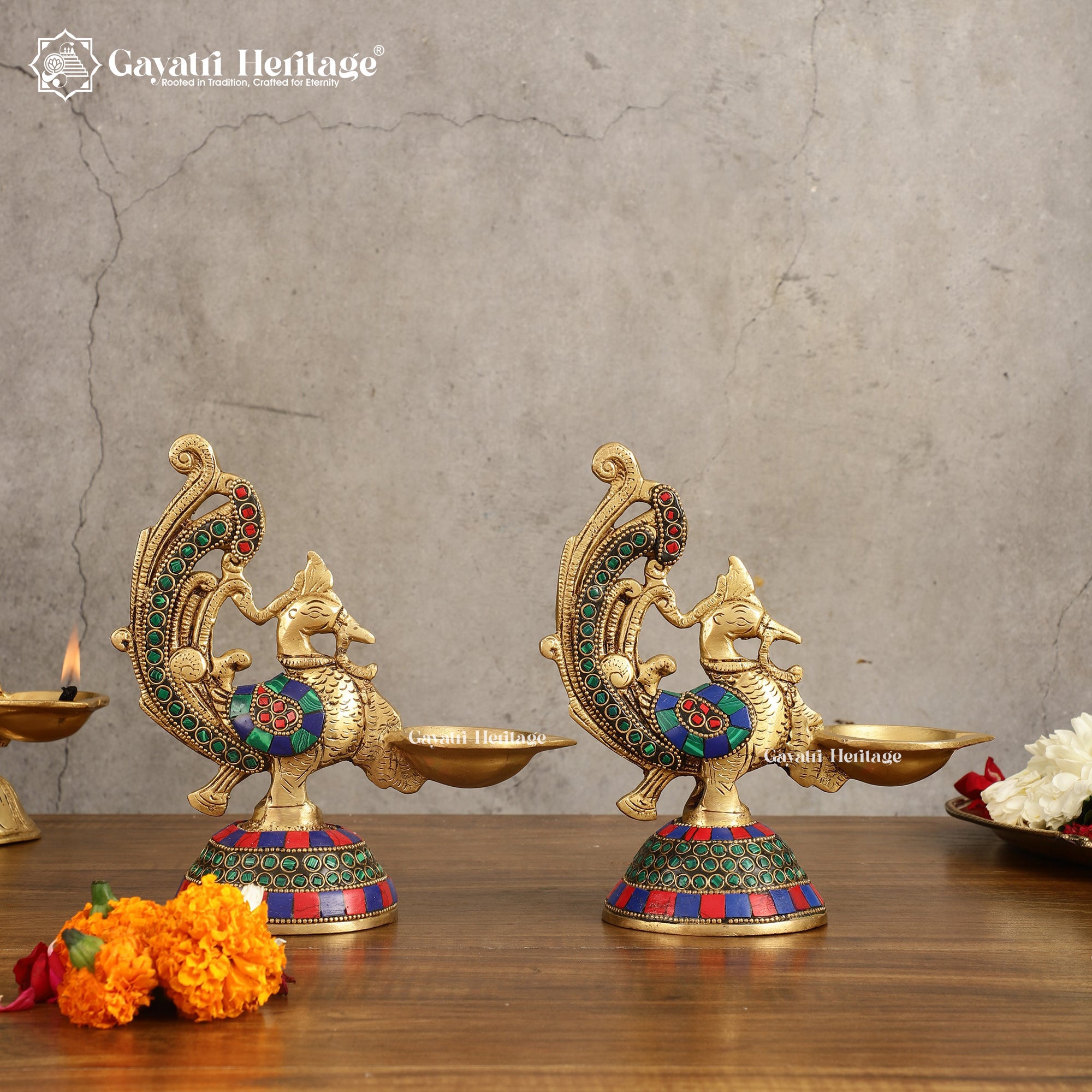 Brass Peacock Diya Set – Traditional Lighting Decor | Gayatri Heritage