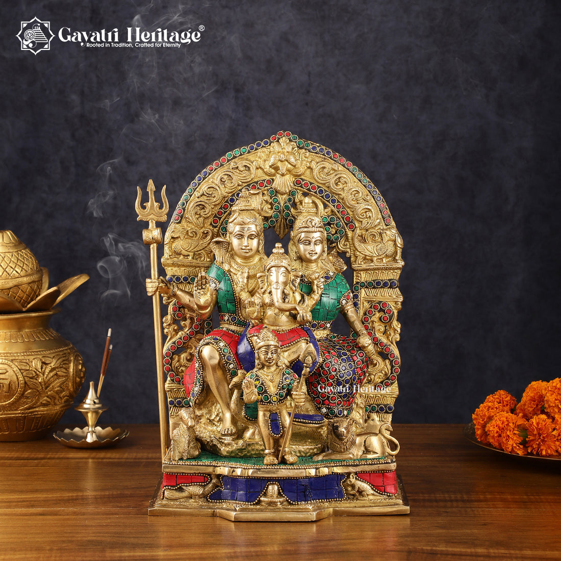 Brass Shiva Family – Stone Work Idol for Pooja Room | Gayatri Heritage