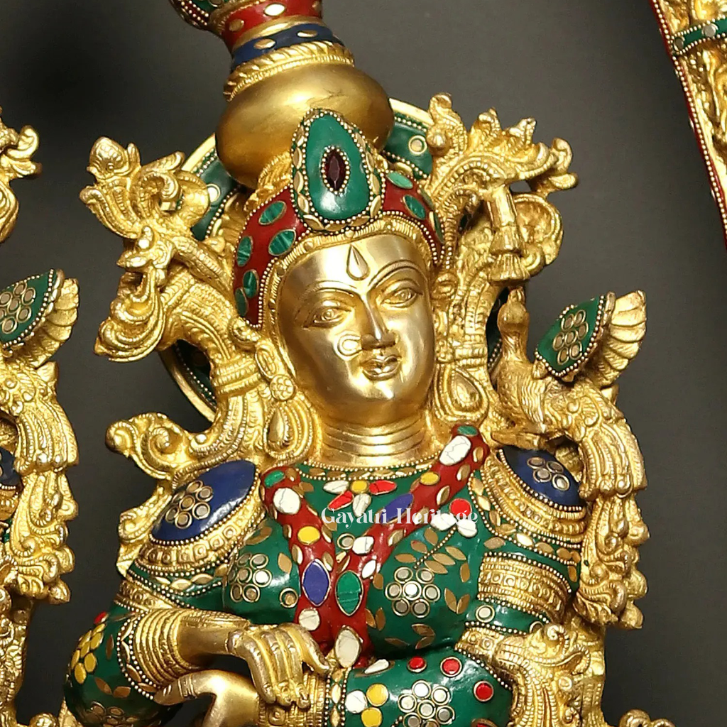 Brass Radha Krishna with Arch – Exquisite Stone Work Idol
