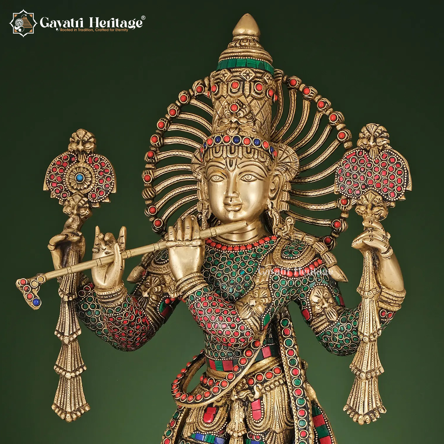 Brass Krishna Statue – Stone Work Bal Gopal Idol | Gayatri Heritage