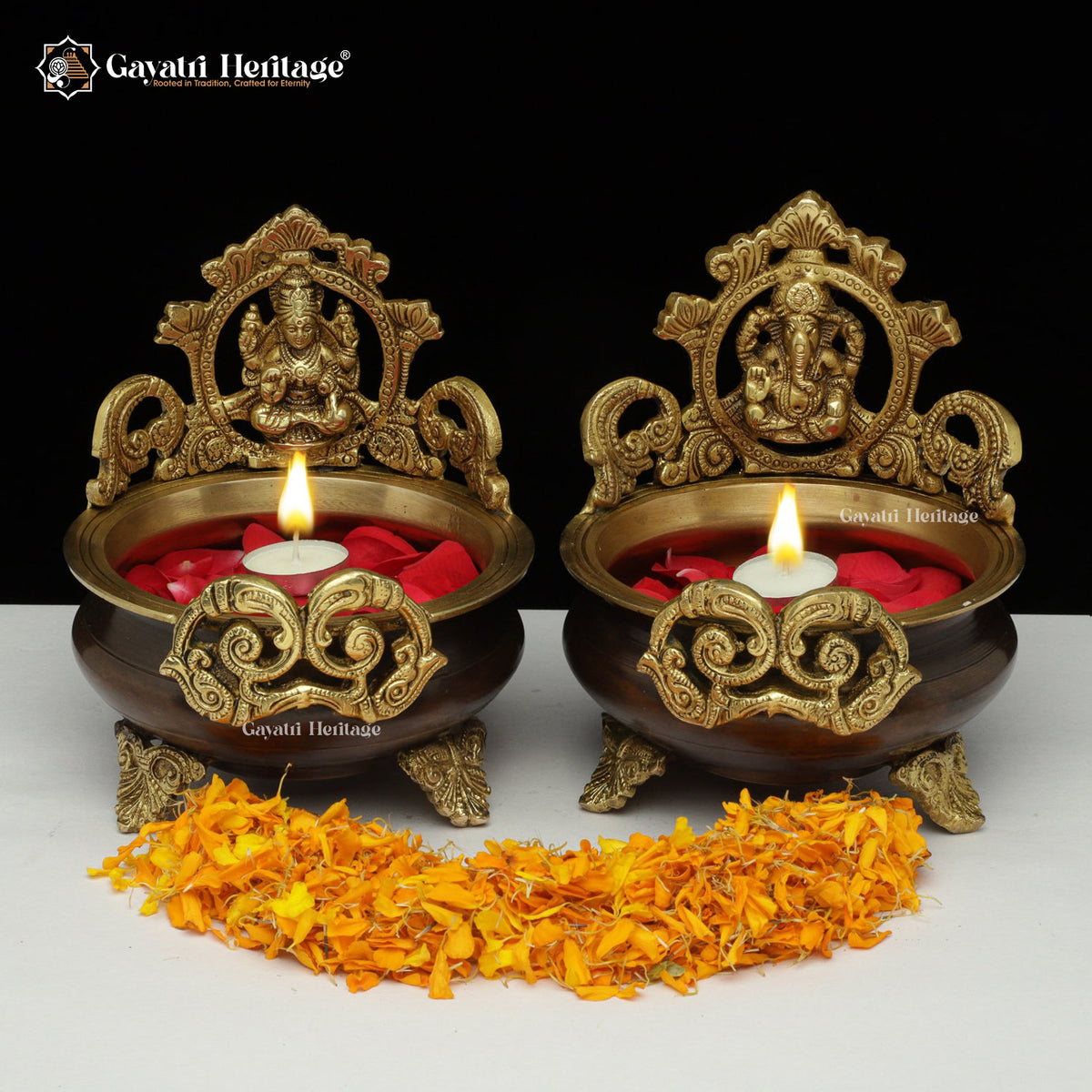 Elegant Brass Laxmi Ganesh Urli in Antique Finish – Symbol of Prosperity and Divine Blessings | Gayatri Heritage