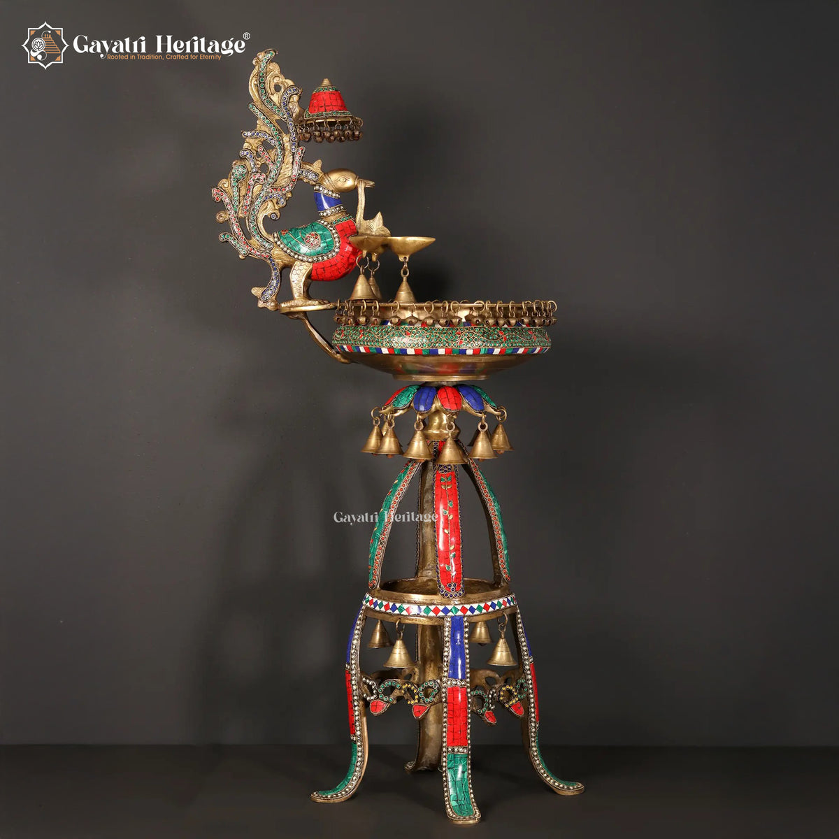 Brass Urli Stand with Parrot – Exquisite Stone Work | Gayatri Heritage