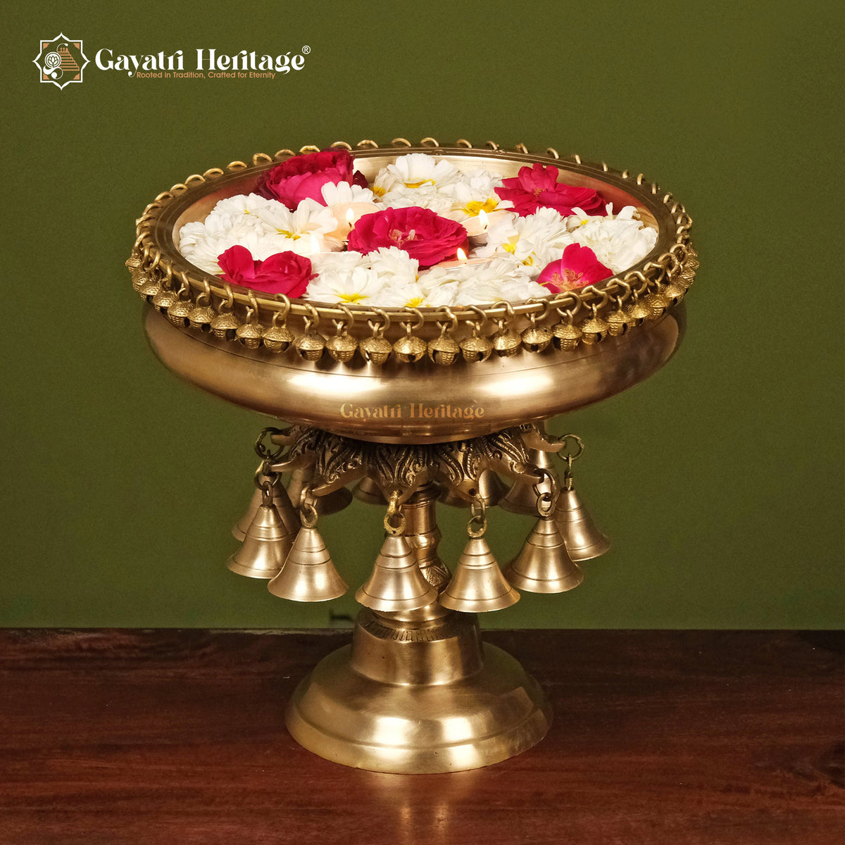 Brass Urli with Stand and Bell – Elegant Water Feature | Gayatri Heritage