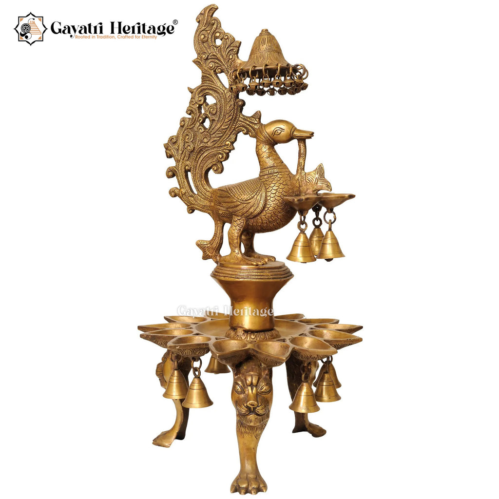 Brass Peacock Lamp with Multiple Diyas – Traditional Elegance | Gayatri Heritage