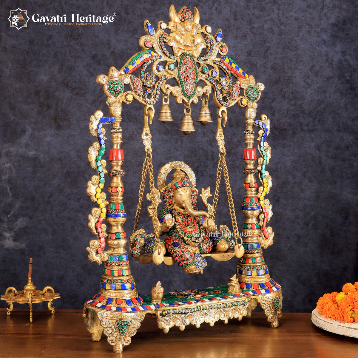 Brass Ganesha Jhula in Stone Work – Divine Décor | Gayatri Heritage