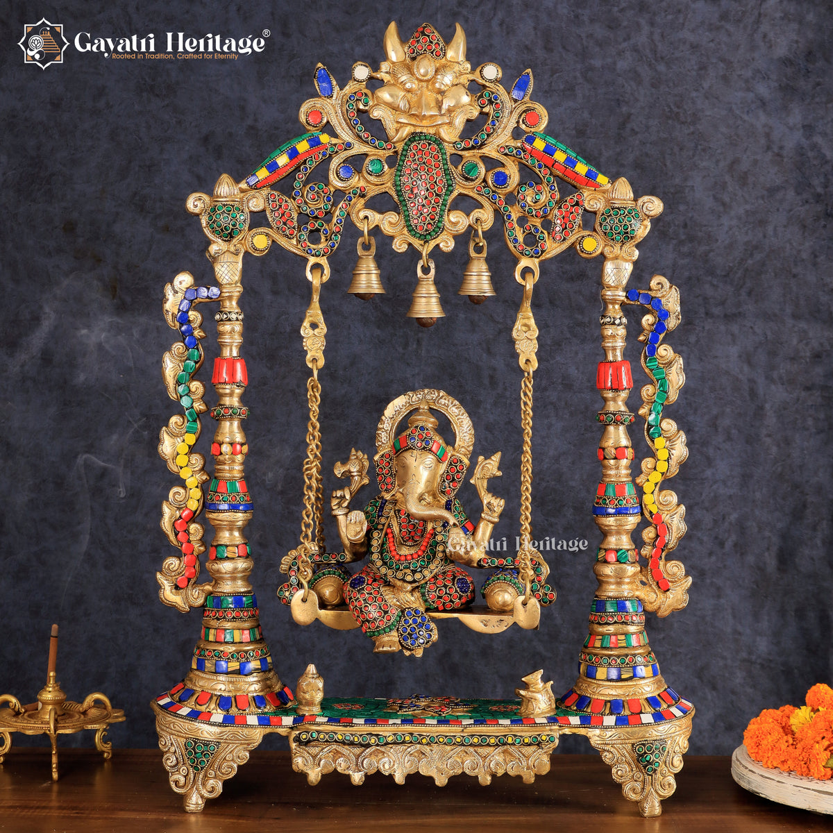 Brass Ganesha Jhula in Stone Work – Divine Décor | Gayatri Heritage