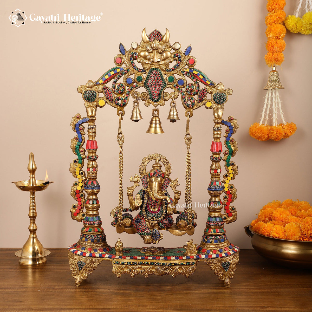 Brass Vinayagar Jhula in Stone Work – Divine Decor | Gayatri Heritage